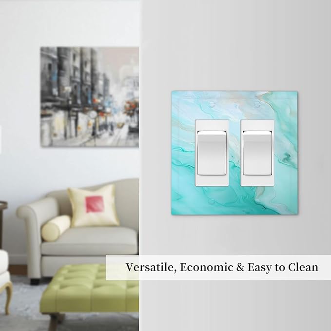 Teal Gold Marbling Turquoise Print Decorative Outlet Covers 2 Gang Double GFCI Rocker Electrical Wall Panels Light Switch Cover Plate for Bathroom Living Room Home Decor
