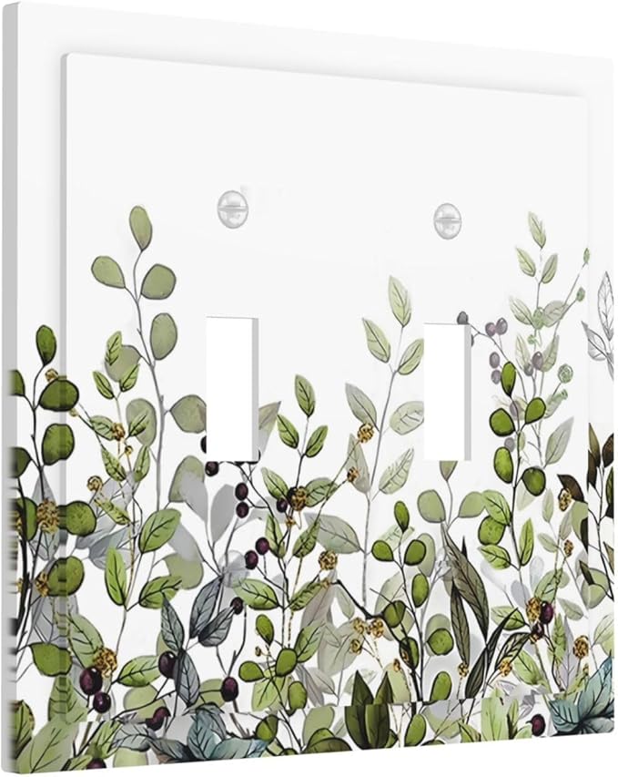 Watercolor Green Eucalyptus Leaves Plants Fruit Decorative Switch Plates 2 Gang Double Toggle Outlet Light Switch Cover Wall Plate Electrical Faceplate for Bed Room Living Room Decor