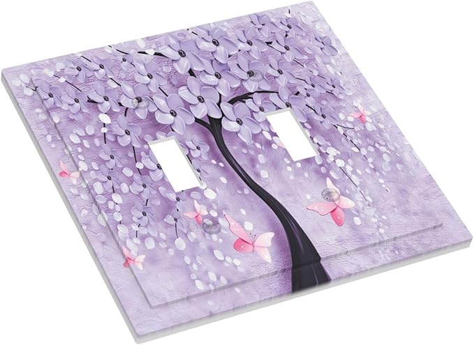 Light Switch Cover 3D Purple Tree 2 Gang Wall Plate Double Light Switch Plate Toggle Decorative Outlet Covers Electrical Switchplate for Bathroom Bedroom Decor