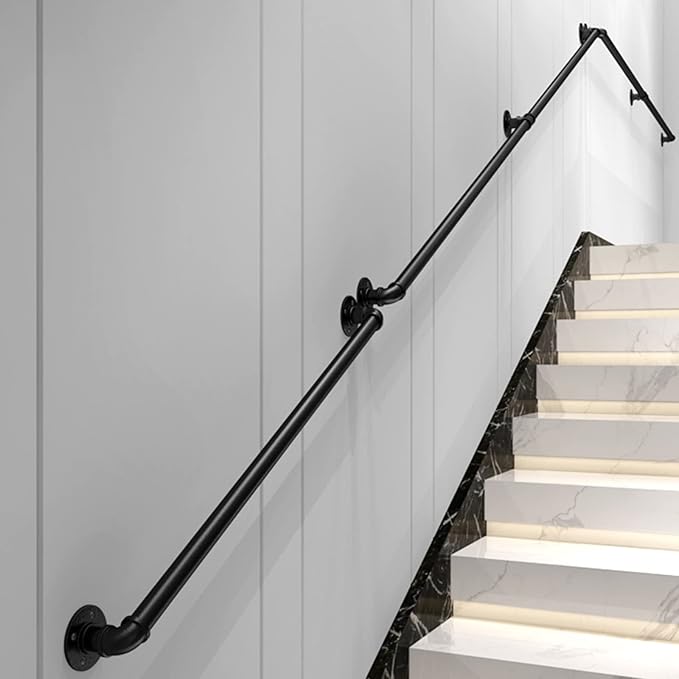 8FT Industrial Stair Railing Wall Mount Staircase Handrail φ1.3 Pipe Hand Rail for Steps Grab Bar Foot Rail Vintage Pipe Railing Black Deck Handrail for Outdoor Indoor Stairs Porch