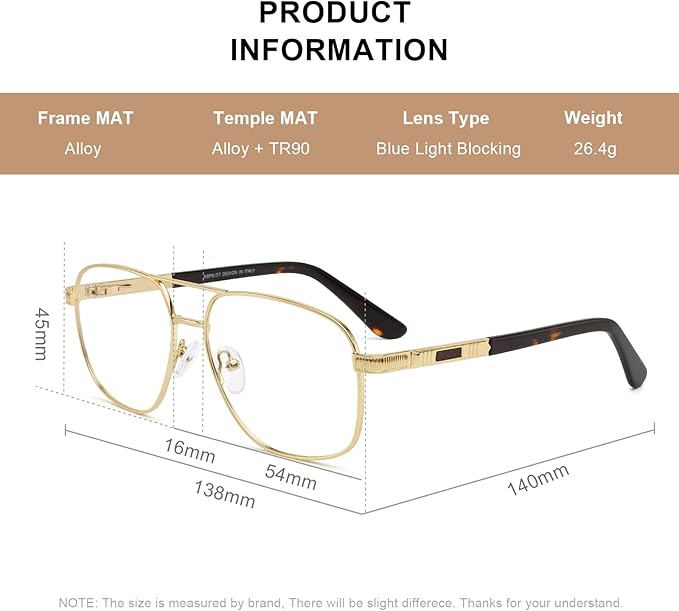RB. Pilot Reading Glasses for Men Square Double Bridge Light Blocking Computer Readers Spring Hinge Metal Frame Acetate Legs