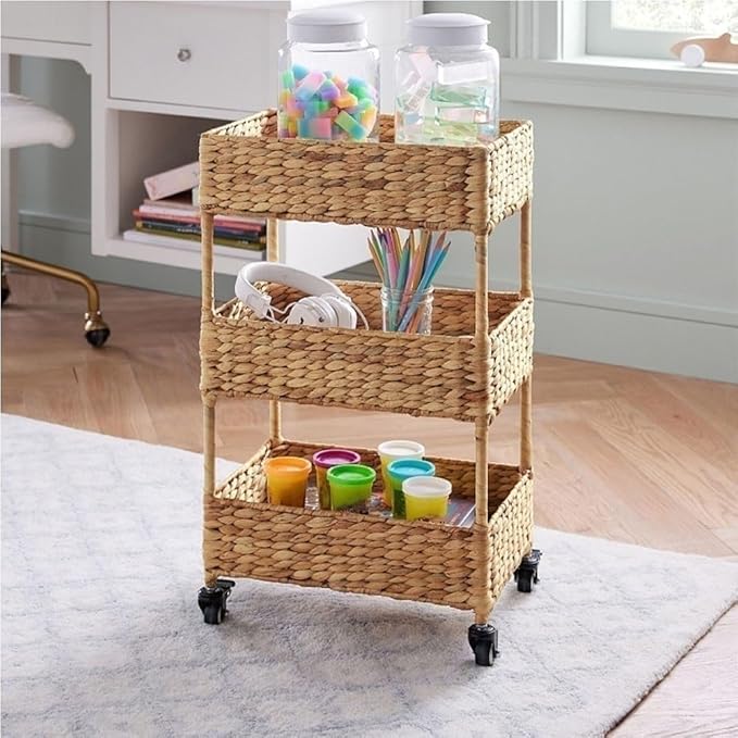 Wicker 3 Tier Rolling Cart, Storage Cart with Wheels, Basket Stand for Snack, Bathroom Carts, Lightweight Utility Carts for Kitchen, Living Room