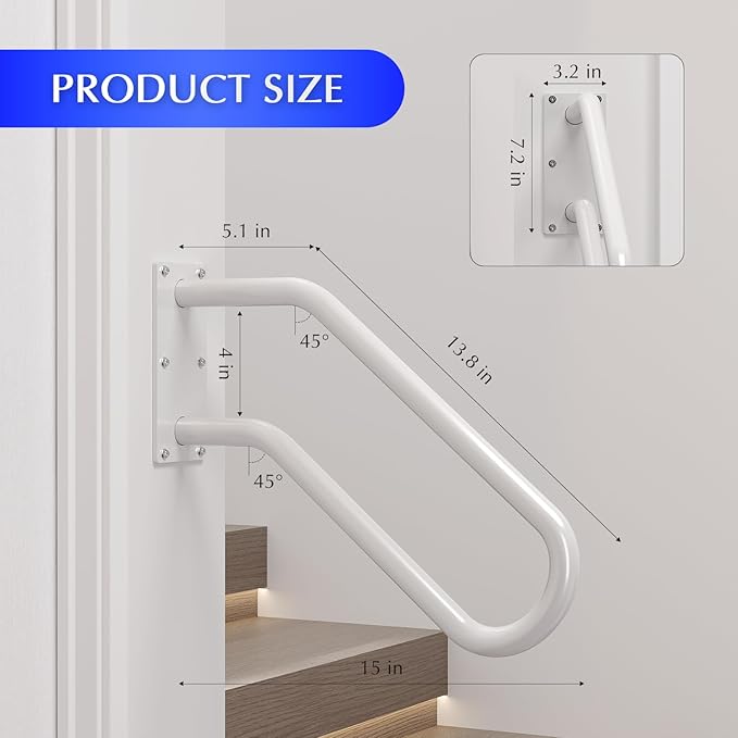 Hand Rails for Outdoor 1-2 Steps, Indoor Stairs, Bathroom, Wall Mount Non-Slip U-Shape Stair Hand Railing White 1 Pack