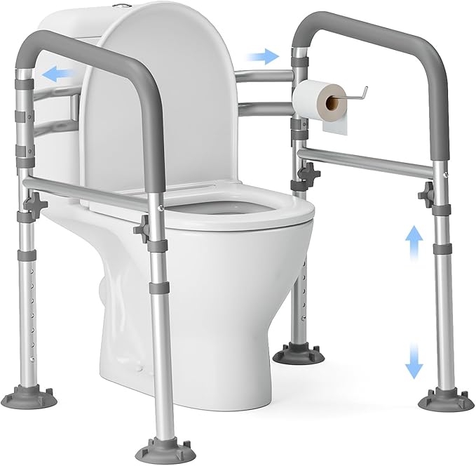 Foldable Toilet Safety Rails for Seniors - Adjustable Toilet Safety Frame & Toilet Handles for Elderly & Disabled, Fits Most Toilets, 350lb Capacity, Gray