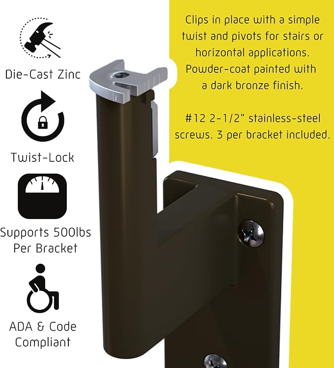 Promenaid 13ft ADA Handrail Kit - Architectural Bronze - Complete Indoor/Outdoor Handrail for Stairs - 1.6" Round Anodized Aluminum Railing with 6 Bronze Painted Brackets & ADA Wall Returns