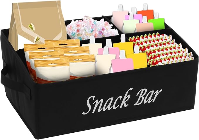 Snack Organizer for Countertop, 6 Compartment Snack Basket Container, Trapezoid Fabric Snack Bin Holder with Side Handles,Lightweight Snack Bar Station Organizer, Kitchen Pantry Storage (Black)