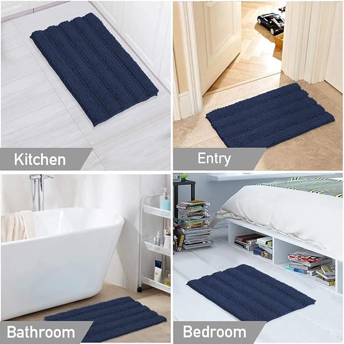 Turquoize Chenille Bath Rug - Shaggy Non-Slip Bathroom Mat, Extra Soft and Absorbent Area Rug, 24 x 36 Inches, Navy