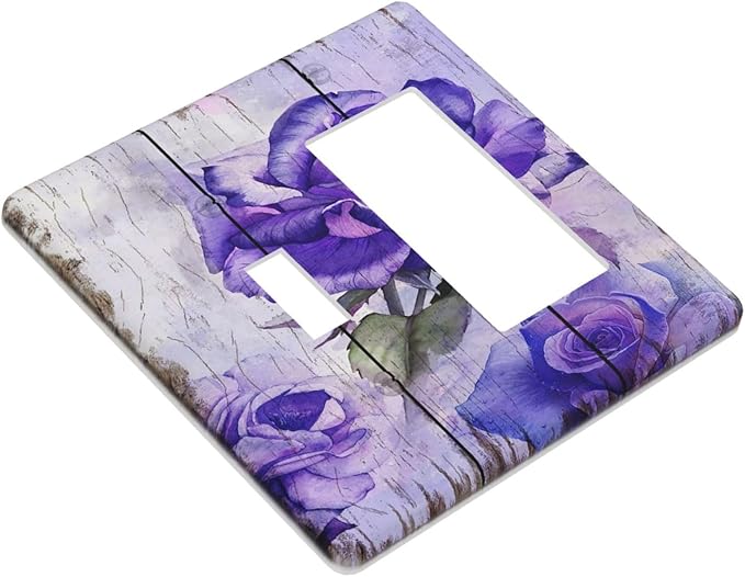Light Switch Cover Purple Rose Flower Rustic Wood Plank 2 Gang Toggle Rocker Combo Wall Plates Decorative Switch Plates and Outlet Covers Receptacle Cover for Farmhouse Bathroom Decor