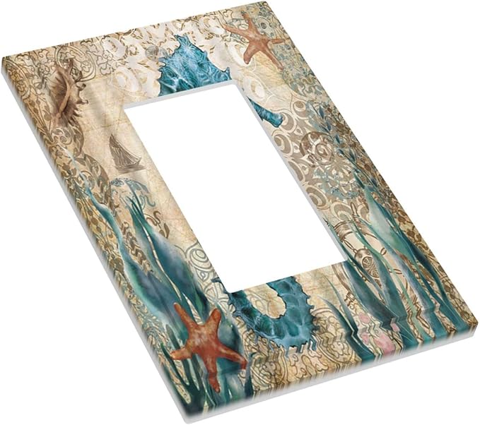 Vintage Blue Seahorse Seaweed Starfish Ocean Nautical Theme Single Rocker Light Switch Cover 1 Gang Outlet Cover Decorative Gfci Electrical Wall Plate Dimmer Switchplate for Farm Home Decora