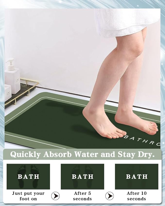 Bath Mat, Bathroom Mat Rugs Super Absorbent Shower Mats Non Slip Quick Dry Thin Rubber Mats for Bathroom Floor Fit Under Door, Shower Rug for Bathtub, Shower, Green
