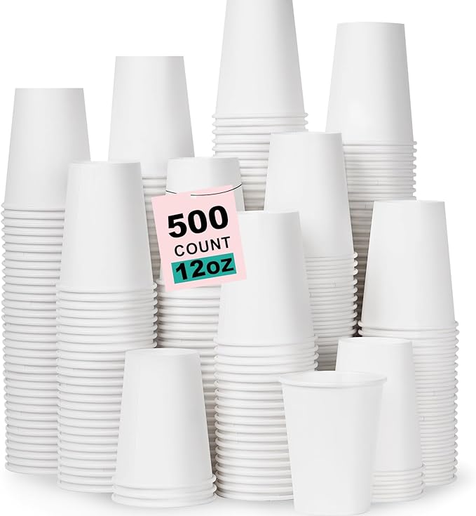 12 oz 500 Pack Disposable Coffee Cups, Bulk White Disposable Paper Cups, Coffee Cups for Hot Tea, Chocolate and Cold Drinks