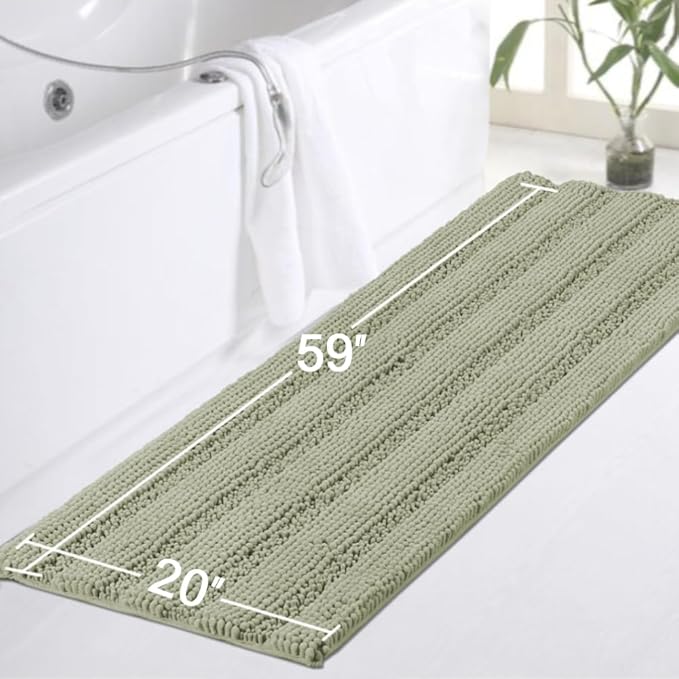 Turquoize Bathroom Runner Area Chenille Rug Oversize Non-Slip Shag Kitchen Shower Bath Mat Extra Long Eucalyptus Striped Washable for Bathroom, Size 59" x 20", Eucalyptus