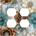 Vintage Marble Floral Gold/Green/White Metal Flowers Outlet Covers 2-Gang Duplex Light Switch Covers Decorative Gfci Wall Plate Covers Electrical Receptacle Switchplate Plug Faceplate Bathroom