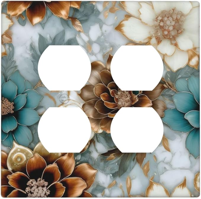 Vintage Marble Floral Gold/Green/White Metal Flowers Outlet Covers 2-Gang Duplex Light Switch Covers Decorative Gfci Wall Plate Covers Electrical Receptacle Switchplate Plug Faceplate Bathroom