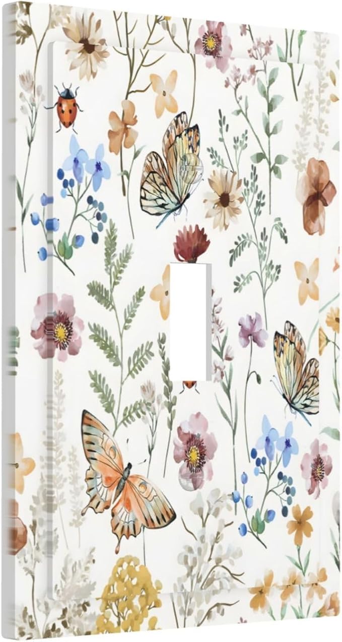 Boho Multicolor Flower Butterfly Insect Floral Decorative Light Switch Cover 1 Gang Single Toggle Device Electrical Faceplate Switchplates Decorator Outlet Wall Plate for Bedroom Living Room Decor