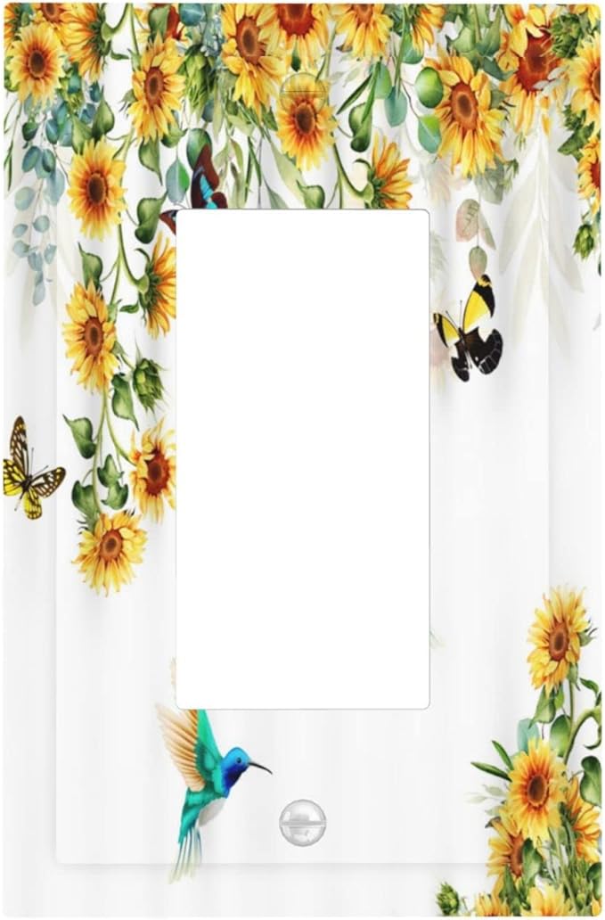 Yellow Sunflower Blue Hummingbird Butterfly Single Rocker Light Switch Cover Rustic Farmhouse Floral Plant 1 Gang Outlet Cover Decorative Gfci Electrical Wall Plate Dimmer Switchplate for Home