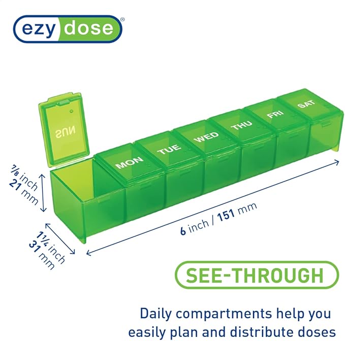 EZY DOSE Weekly (7-Day) Pill Case, Medicine Planner, Vitamin Organizer Box, Large Compartments with Contoured Bottoms, Convenient and Easy to Use, Color May Vary, BPA Free (Pack of 2)