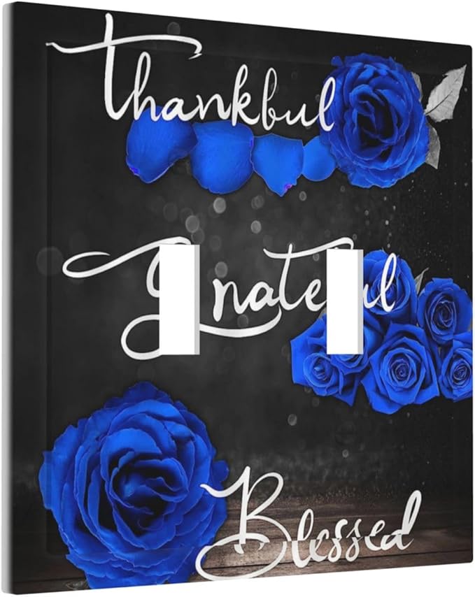 Light Switch Cover Blue Rose Thankful Grateful Blessed 2 Gang Wall Plate Double Light Switch Plate Romantic Blue Floral Toggle Decorative Outlet Covers Electrical Switchplate for Home Decor