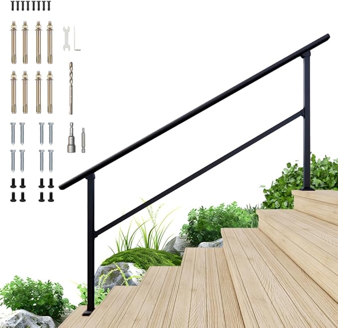 DIYHD 7 Step Handrail for Outdoor,Powder Coated Iron Stair Railing,Black Hand Rails for Indoor, Porch,Deck,1 Pack