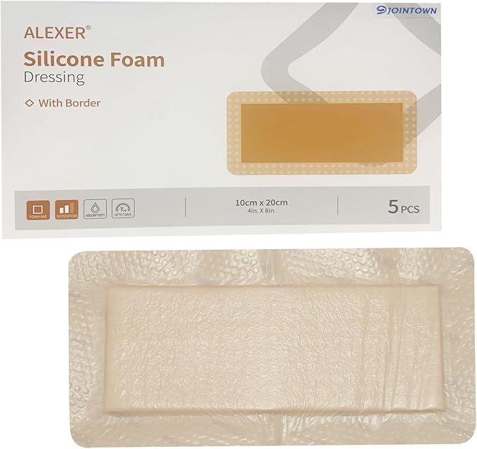 Jointown Foam Wound Care Dressing, Adhesive Silicone Foam Dressing with Border, Waterproof Bed Sore Bandages, 4"x 8", 5 PCS
