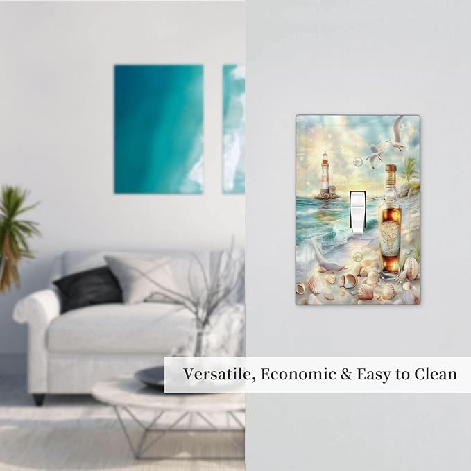Decorative Light Switch Cover Beach Ocean Lighthouse Seashells 1 Gang Single Toggle Device Electrical Faceplate Switchplates Decorator Outlet Wall Plate For Bed Room Living Room Decor