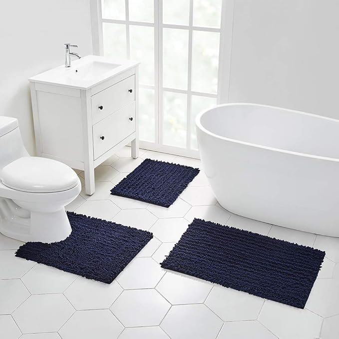 Walensee Bathroom Rug Non Slip Bath Mat (24x17 Inch Navy) Water Absorbent Super Soft Shaggy Chenille Machine Washable Dry Extra Thick Perfect Absorbant Best Small Plush Carpet for Shower Floor