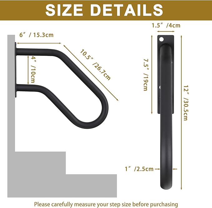Hand Rails for Indoor Outdoor Steps, Wall Mount Non-Slip U-Shape Stair Railing, Black, 1 Pack (Black, 2 Pack 16")