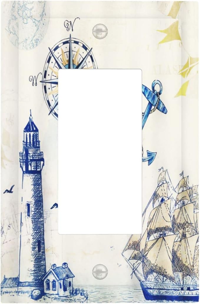 Nautical Sailboat Lighthouse Compass Anchor Single Rocker Light Switch Cover 1 Gang Outlet Cover Decorative Rustic Gfci Electrical Wall Plate Dimmer Switchplate for Country Bathroom Decora