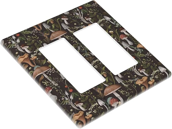 Funky Retro Vintage 70s 60s Boho Hippie Mushroom Double Rocker/Decora Outlet Covers 2 Gang Light Switch Cover Decorative Bohemian Floral Leaf Gfci Wall Plate Electrical Switchplate Faceplate for Home