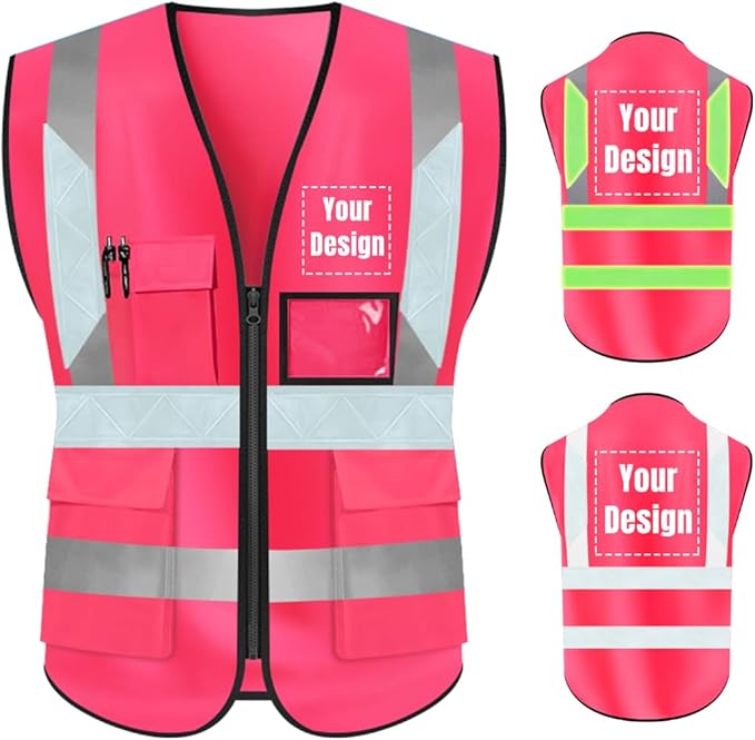 YOWESHOP High Visibility Safety Vest Custom Your Logo Protective Workwear 5 Pockets With Reflective Strips Outdoor Work Vest (3XL, Pink Luminous)