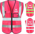 YOWESHOP High Visibility Safety Vest Custom Your Logo Protective Workwear 5 Pockets With Reflective Strips Outdoor Work Vest (2XL, Pink Luminous)