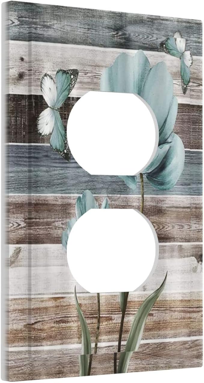 Rustic Vintage Teal Floral Barn Wood 1 Gang Duplex Outlet Covers Decorative Single Electrical Receptacle Wall Plate Turquoise Flower Butterfly Light Switch Cover Plate for Farmhouse Bathroom