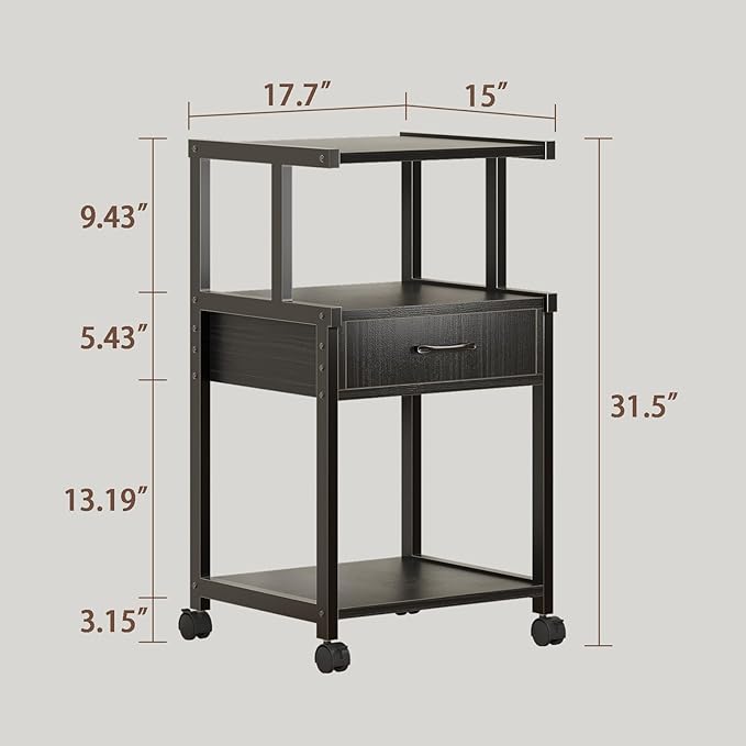 Printer Stand, 3-Tier Mobile Printer Cart, 31.5 x 14.96 x 17.72 Inches Square Printer Table with Storage Rack, Rolling Printer Table with Industrial Wheels for Home Office, Black