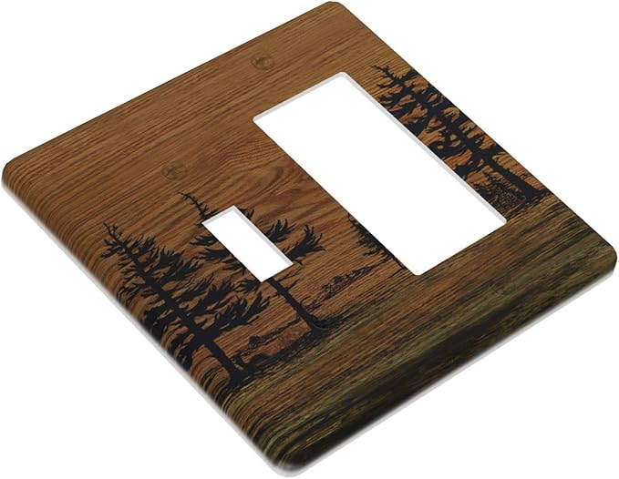 Decorative Outlet Covers Rustic Farmhouse Brown Board Pine Tree Wood Grain 2-Gang Combo Light Switch Cover Plate Single Toggle/Rocker Wall Plate Plug Switch Plate Covers for Bathroom Decor