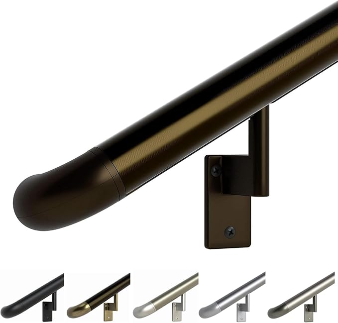 Promenaid 12ft ADA Handrail Kit - Architectural Bronze - Complete Indoor/Outdoor Handrail for Stairs - 1.6" Round Anodized Aluminum Railing with 6 Bronze Painted Brackets & ADA Wall Returns