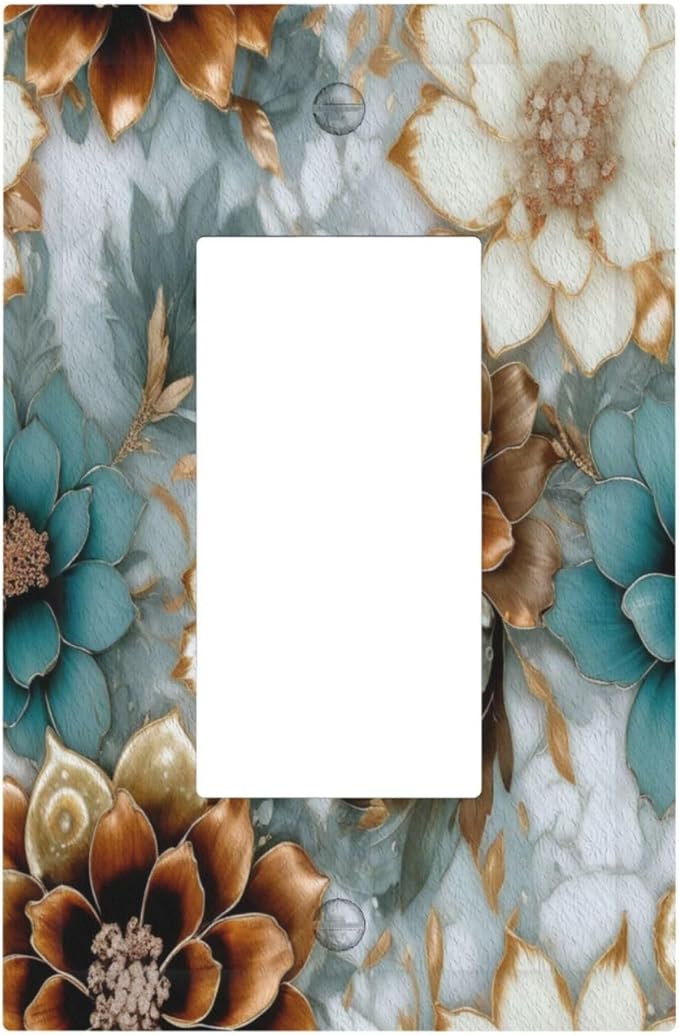 Vintage Marble Floral Gold/Green/White Metal Flowers Outlet Covers Single Rocker Light Switch Covers Decorative 1 Gang Gfci Wall Plate Electrical Receptacle Switchplate Plug Faceplate Bathroom