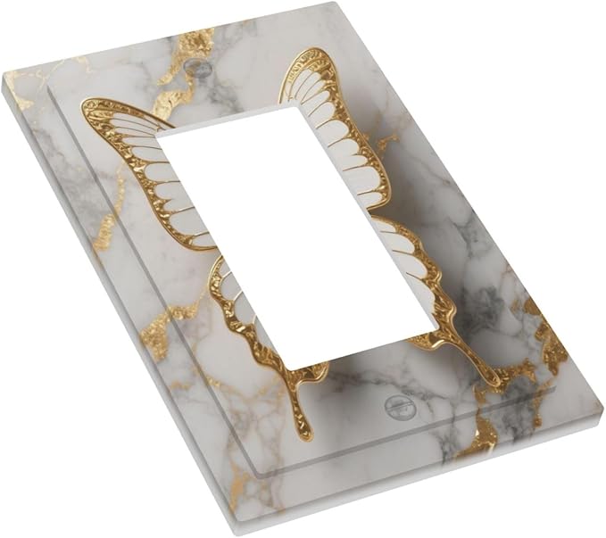 Gold Marble Shine Butterfly Abstract Modern Print Decorative Outlet Covers 1 Gang Single Rocker Light Switch Cover Plate Wall Plates GFCI Faceplate for Bed Room Bathroom Decor