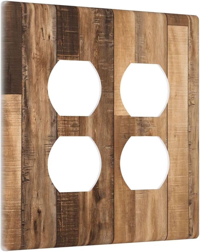 Rustic Brown Wood Splicing Vintage Dark Oak Print Outlet Covers 2 Gang Double Duplex Decorative Light Switch Covers Electrical Wallplates Socket Faceplate for Farmhouse Home Decor