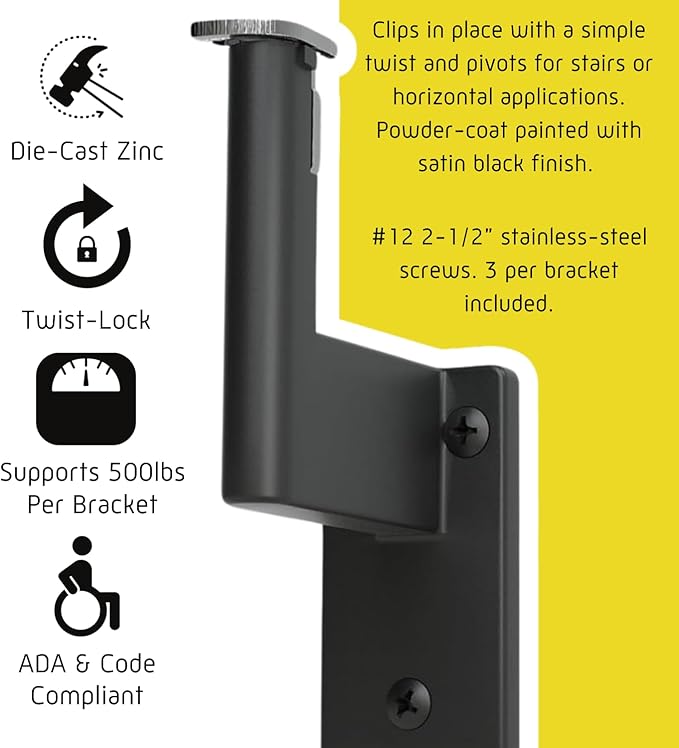 Promenaid 10ft ADA Handrail Kit - Black - Complete Indoor/Outdoor Handrail for Stairs - 1.6" Round Anodized Aluminum Railing with 5 Satin Black Painted Pivoting Brackets & ADA Wall Returns
