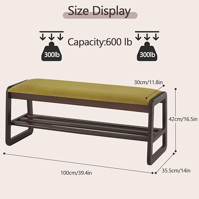 Shoe Rack Bench,2 Tier Wooden Entryway Bench with Shoe Storage, Shoe Rack with Cushion for Living Room, Hallway(Olive Green, 39.4")