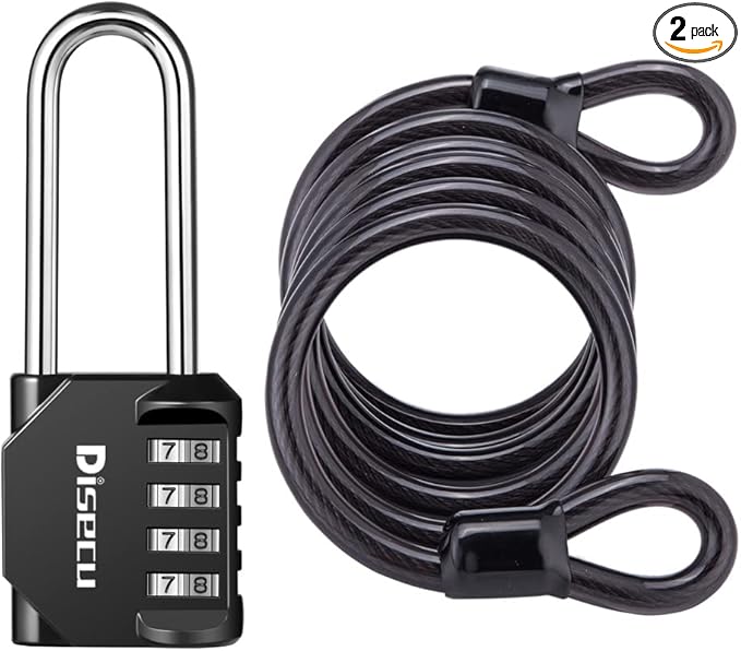 1 Pack disecu 4 Digit Combination Lock, 2.6 Inch Long Shackle Outdoor Waterproof Padlock with Heavy Duty Steel Cable for Bike, Gate, Fence (Black)