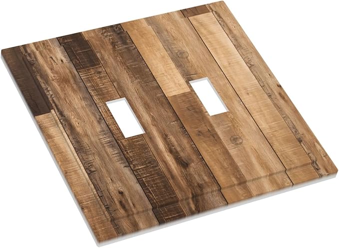 Rustic Brown Wood Splicing Vintage Dark Oak Print Decorative Switch Plates 2 Gang Double Toggle Outlet Light Switch Cover Wall Plate Electrical Faceplate for Farmhouse Home Decor