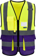 6XL 8XLHigh Visibility REFLECTIVE Safety Vest with 4 Reflective Strips 7 Pockets Yellow&Purple