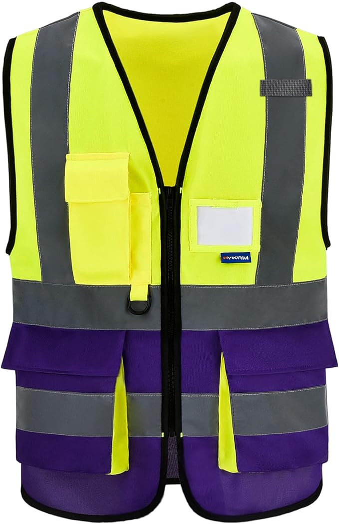 A-SAFETY Yellow purple reflective Working Vest with Zipper Pockets