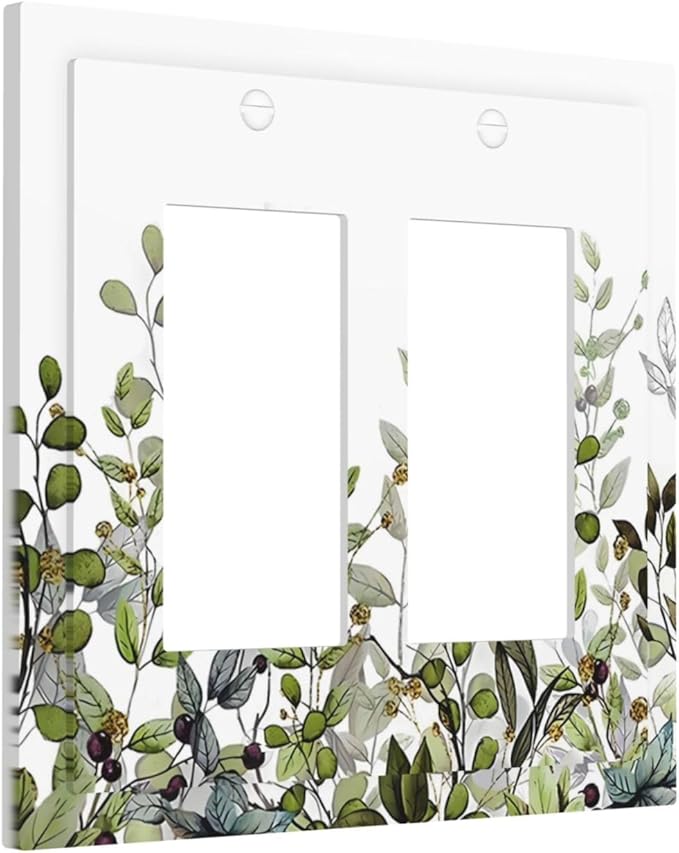 Watercolor Green Eucalyptus Leaves Plants Fruit Decorative Outlet Covers 2 Gang Double GFCI Rocker Electrical Wall Panels Light Switch Cover Plate for Bed Room Living Room Decor