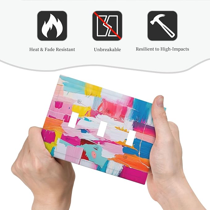 Decorative Switch Plates Multicoloured Modern Watercolor Oil Painting 3 Gang Wall Plate Triple Toggle Light Switch Cover Faceplate Electrical Wall Panels for living Room Bedroom Decor