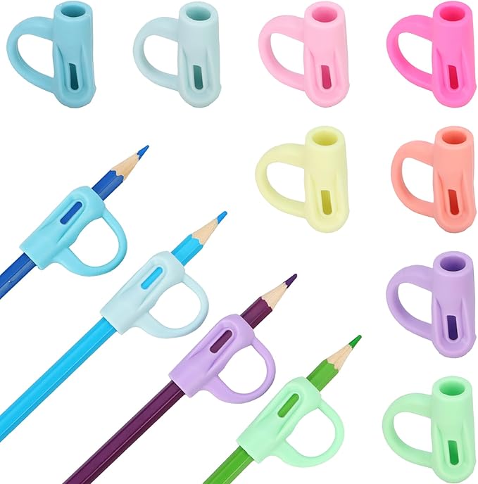 Ergonomic Pencil Grips 20 Pcs with 1 Finger Ring, 8 Colors Pencil Holders for Kids Handwriting, Hollow Pencil Grippers for Adults Writing Aid, Silicone Pencil Cushion, Gel Pen Grips