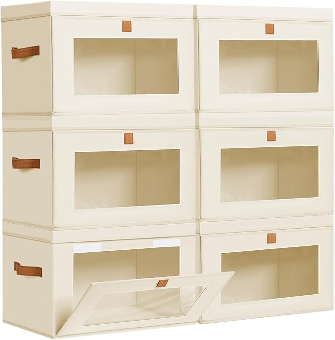 DIMJ Storage Bins with Lids - 6 Pack Large Fabric Closet Organizer with Window & Handles, Collapsible Decorative Storage Boxes for Shelves Under Bed, Books Clothes Blankets Sweaters Organization