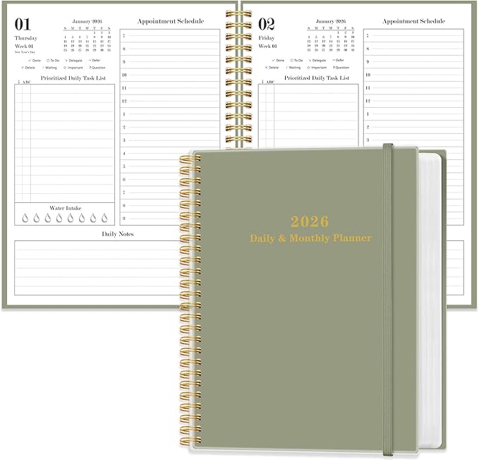 Daily Planner 2026 - Full Page Per Day, Jan 2026 to Dec 2026, 2026 Daily Planner with Spiral Bound, Inner Pocket, Perfect for School Office Supplies, 7'' x 10'', Green