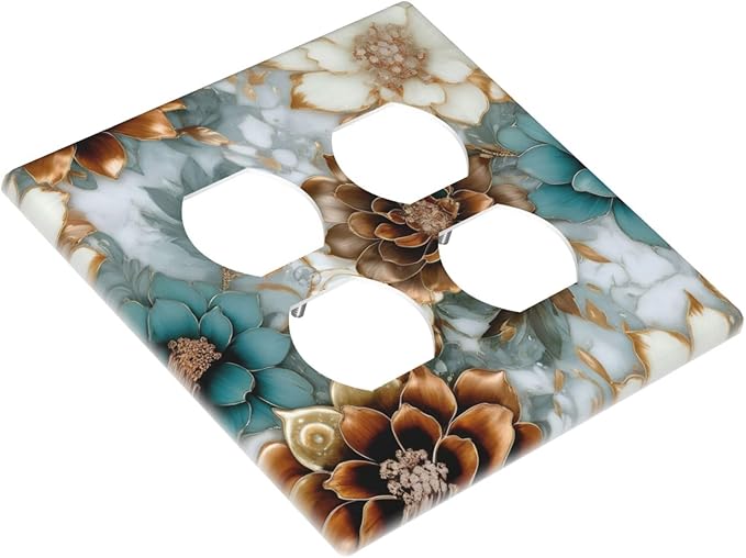 Vintage Marble Floral Gold/Green/White Metal Flowers Outlet Covers 2-Gang Duplex Light Switch Covers Decorative Gfci Wall Plate Covers Electrical Receptacle Switchplate Plug Faceplate Bathroom